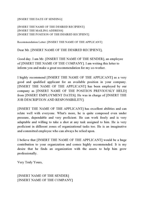 recommendation letter  coworker    letter template