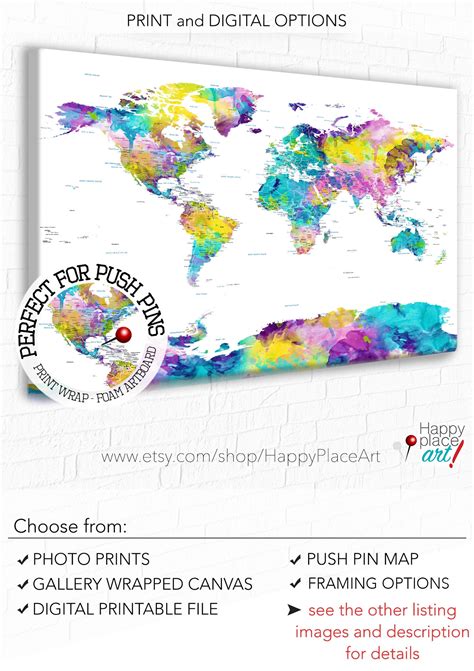 world map wall art mark travels  pins world map print  etsy