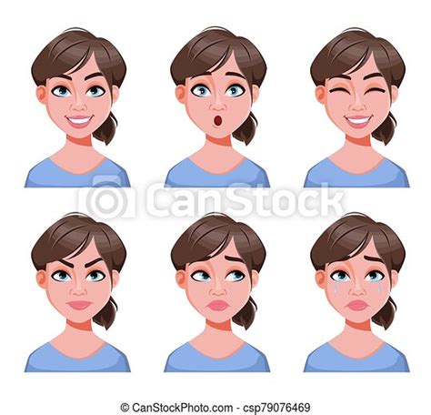 face expressions of cute woman different female emotions set