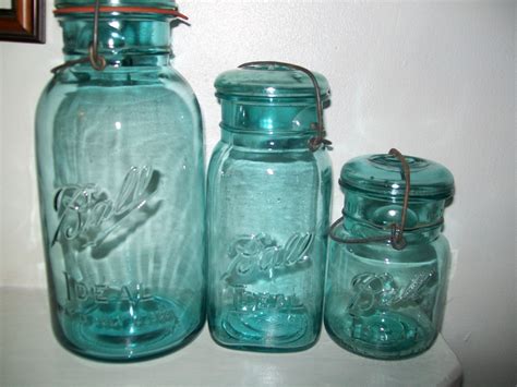 3 vintage beautiful ball blue mason jars with glass top lids