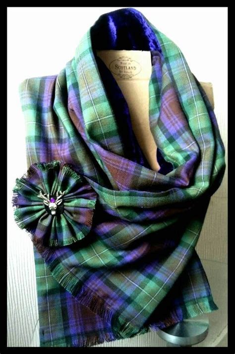 outlander scottish scarf wrap  fabric plaid brooch purple