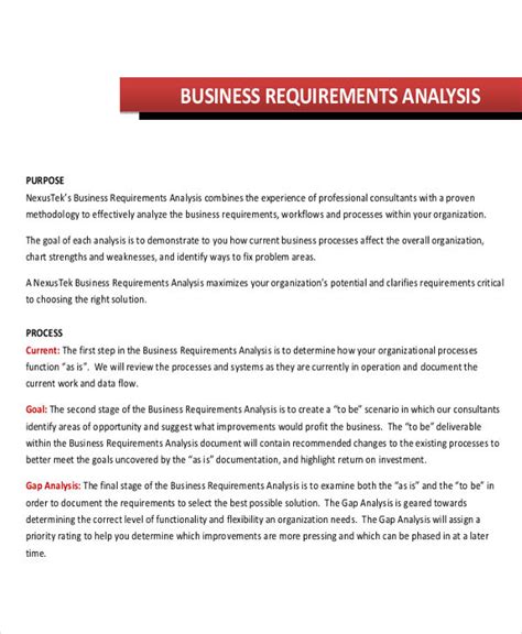 requirements analysis  examples format  examples