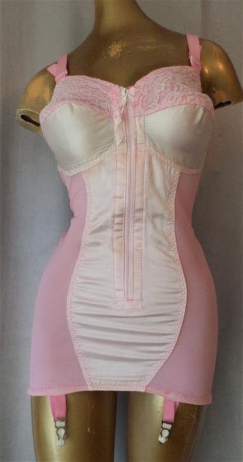 lacy pink satin vintage open bottom all in one shaper girdle w grts sz