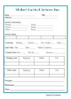 student contact information sheet   johnstons class tpt