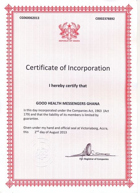 Republic Of Ghana Certificates Good Health Messengers