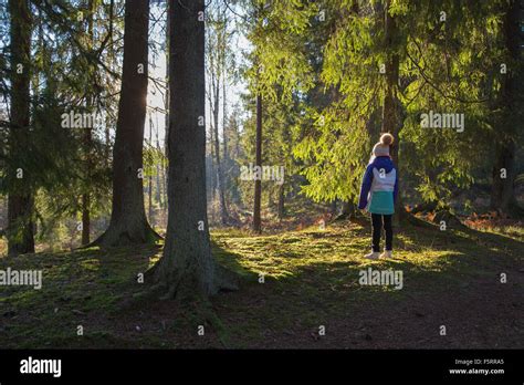Sweden Smaland Anderstorp Girl 10 11 Standing In Forest Rear View