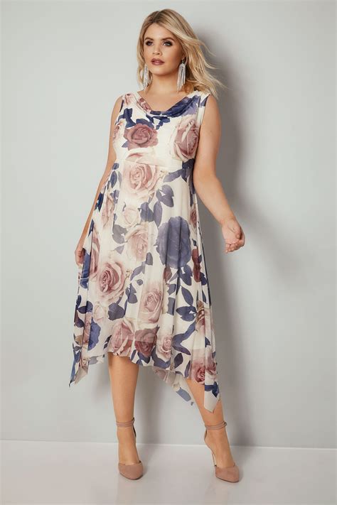 yours london ivory and multi floral print midi dress with