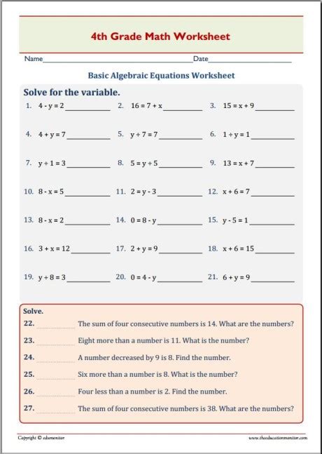 basic algebraic equations worksheet edumonitor