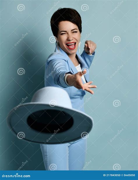 Attractive Cheerful Short Haired Brunette Woman In Blue Business Smart