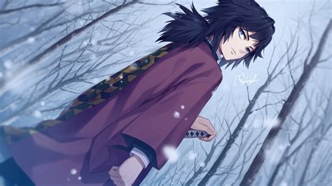 demon slayer giyuu tomioka standing slanting  background  dry trees  snow falling hd