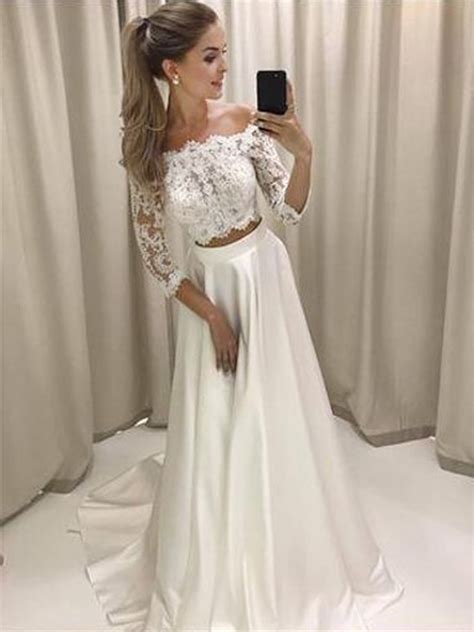 Stylish A Line Two Piece Off Shoulder White Lace Long