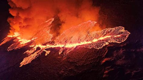 iceland volcano drone footage shows lava spewing  fissure