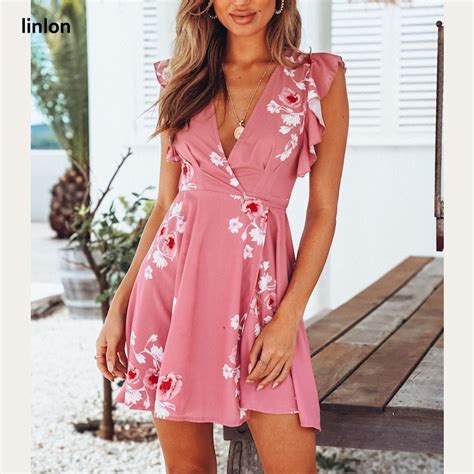 Linlon Summer Sexy Deep V Neck Light Pink Floral Print A Line Mini