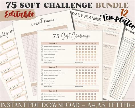 editable  soft challenge tracker bundle printable daily etsy