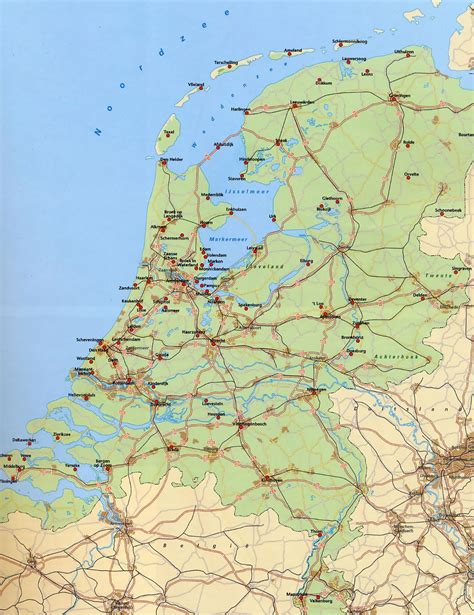large map  netherlands  roads railroads  major cities netherlands europe
