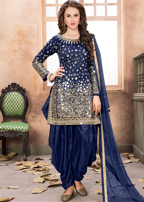 navy blue art silk punjabi salwar suit with dupatta salwar kameez 1843sl03
