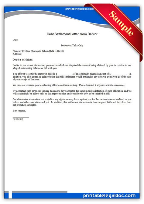 printable debt settlement letter debtor form generic