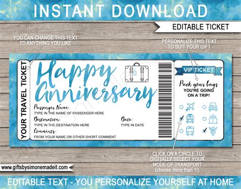 anniversary surprise vacation travel ticket template reveal gift idea