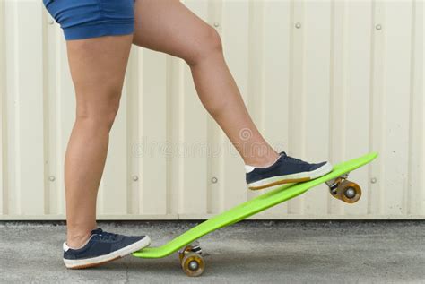 girl  skateboard standing barefoot stock image image  striped teenager