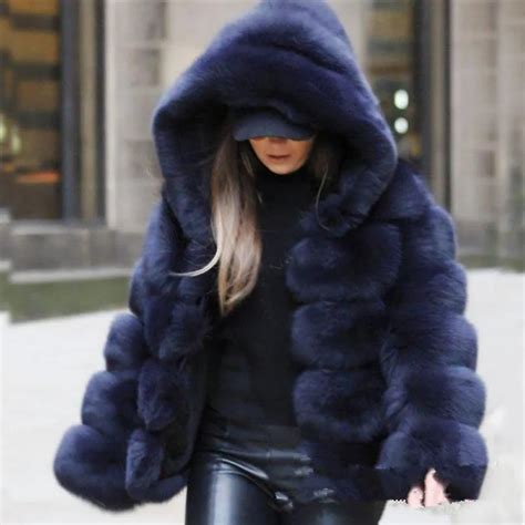 buy winter fashion hooded faux fox fur coat fake fur jacket long sleeve thicker