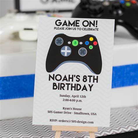 video game birthday party invitation black controller  design