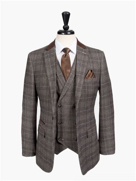 Onesix5ive Luxury Brown Check Slim Three Piece Suit With Suede Collar