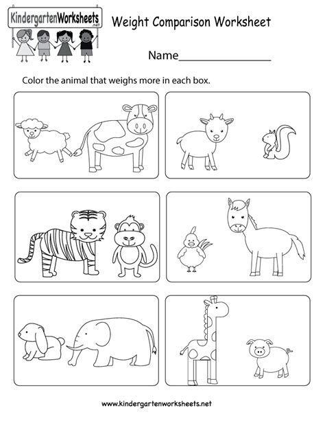 weight comparison worksheet  kindergarten
