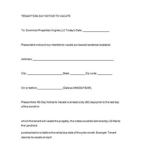 tenant  day notice  vacate sample letter   document template