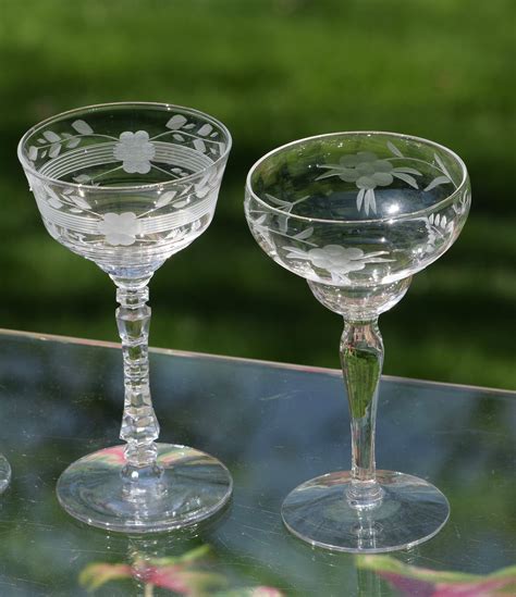 vintage etched wine ~ liquor glasses set of 4 mis matched 3 oz liquor