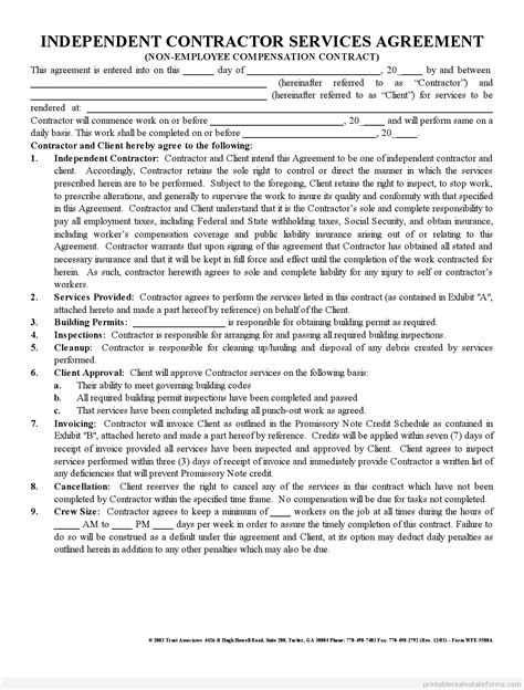 printable independent contractor agreement form construction