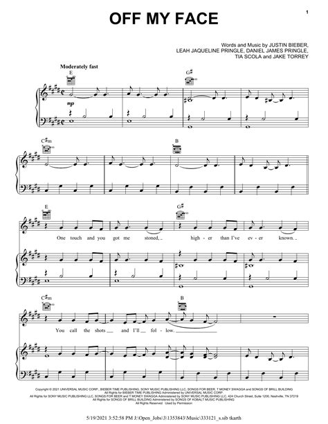 Off My Face Sheet Music Justin Bieber Piano Vocal And Guitar Chords