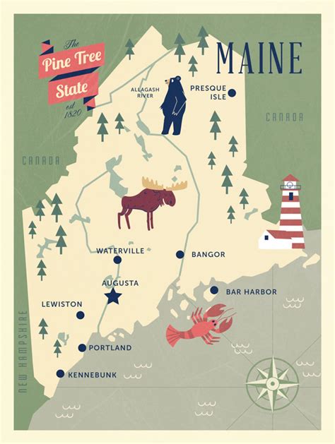 maine map  pine tree state map original maine map etsy