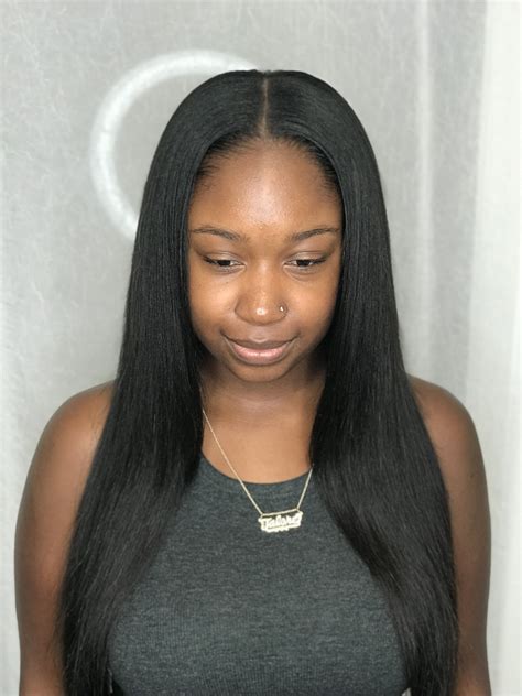 straight hair middle part sew