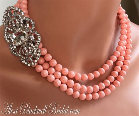 pink coral necklace set  art deco brooch  earrings  multi strands swarovski pearls
