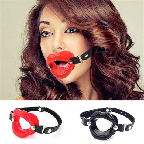 red silicone sissy bimbo open mouth gag lips strap o ring lip ball