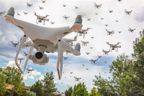 dozens  drones swarm   cloudy sky stock image image  unmanned flying