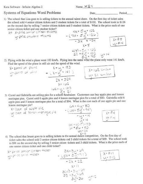 systems  equations word problems key