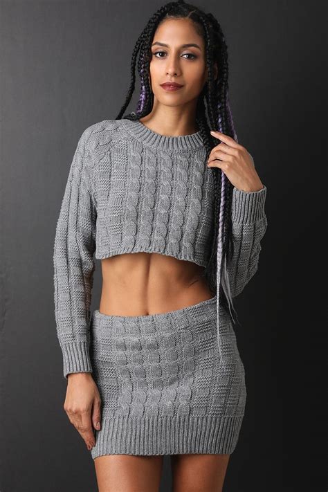Two Piece Square Cable Knit Crop Sweater With Mini Skirt Set Sacos