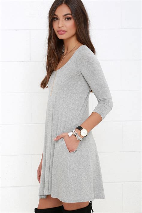 cute heather grey dress swing dress long sleeve dress 34 00