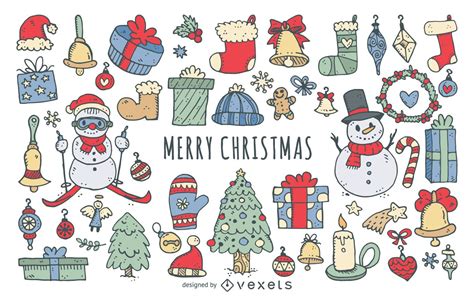 colorful christmas doodles collection vector