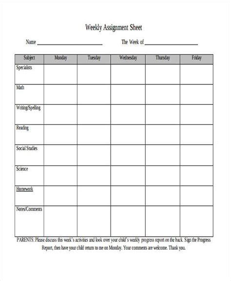 weekly homework sheet template weekly homework assignment sheet mi