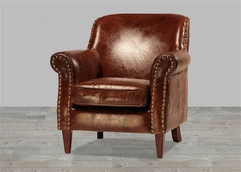 hand finished vintage leather club chair  antique brass nailheads