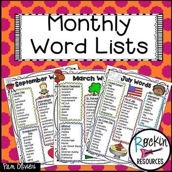 monthly word lists monthly writing monthly words words word list