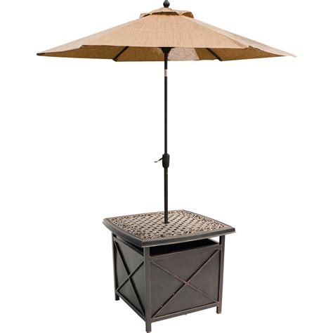 hanover outdoor traditions cast top side table  umbrella stand table umbrellas shades