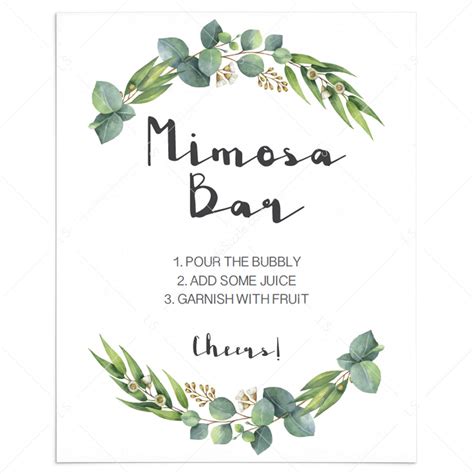 mimosa bar sign printable  watercolor green leaves instant