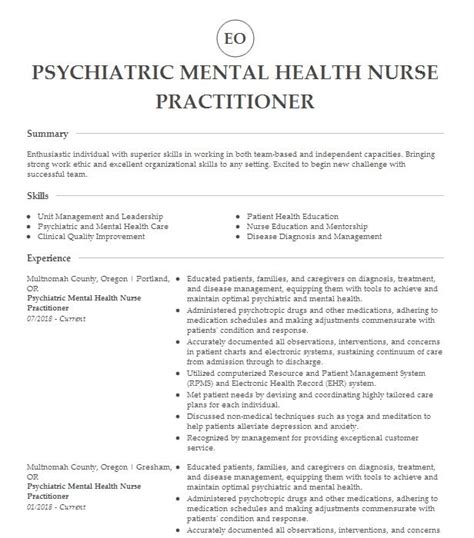 psychiatric mental health nurse practitioner resume