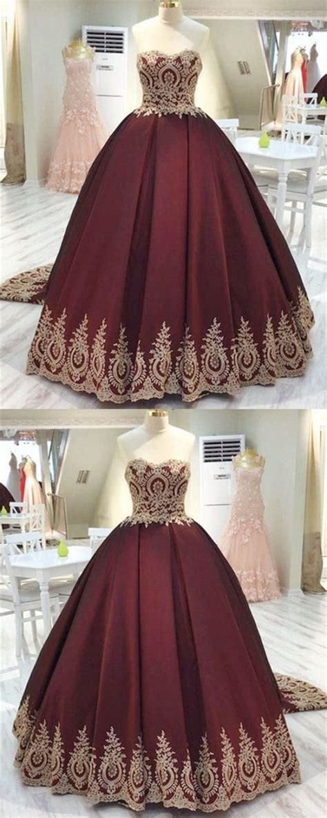 Gold Lace Appliques Sweetheart Burgundy Satin Quinceanera Dresses Ball