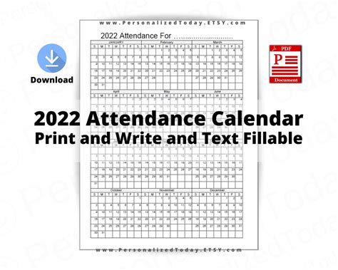 yearly attendance calendar fillable  print  write etsy