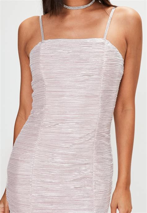 pink metallic ruched bodycon mini dress missguided
