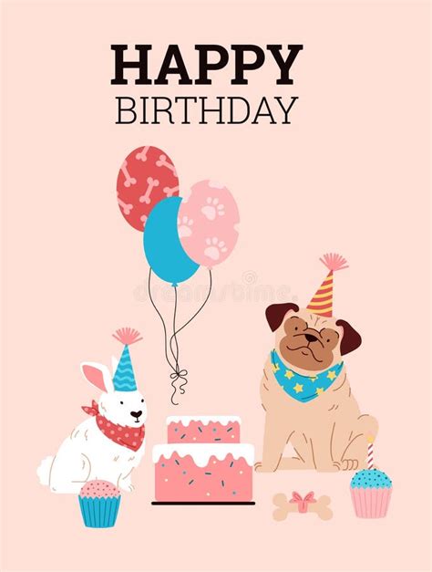 happy birthday card template  cute funny dogs characters flat